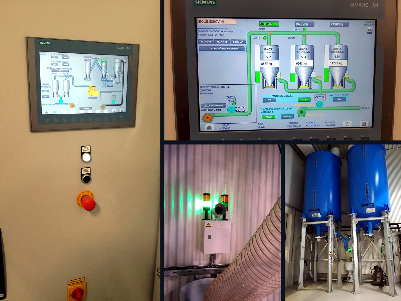Pregled avtomatizacije: Siemens HMI na krmilni omari, vizualizacija silosov surovin, signalne svetilke z odvodnim rogom in silosa MS 15-3 / MS 15-4