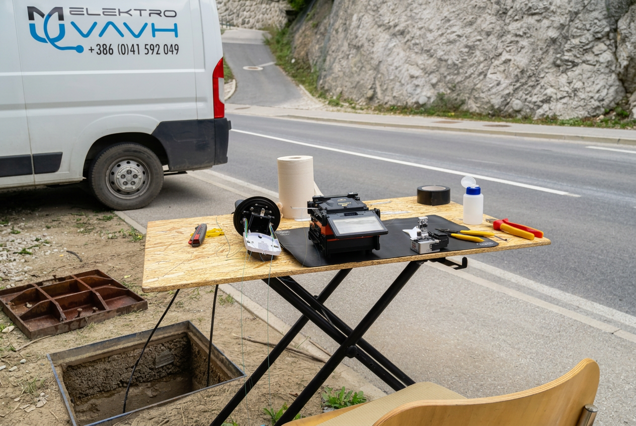 Terenska delovna postaja za varjenje optike ob kombiju Elektro Vavh